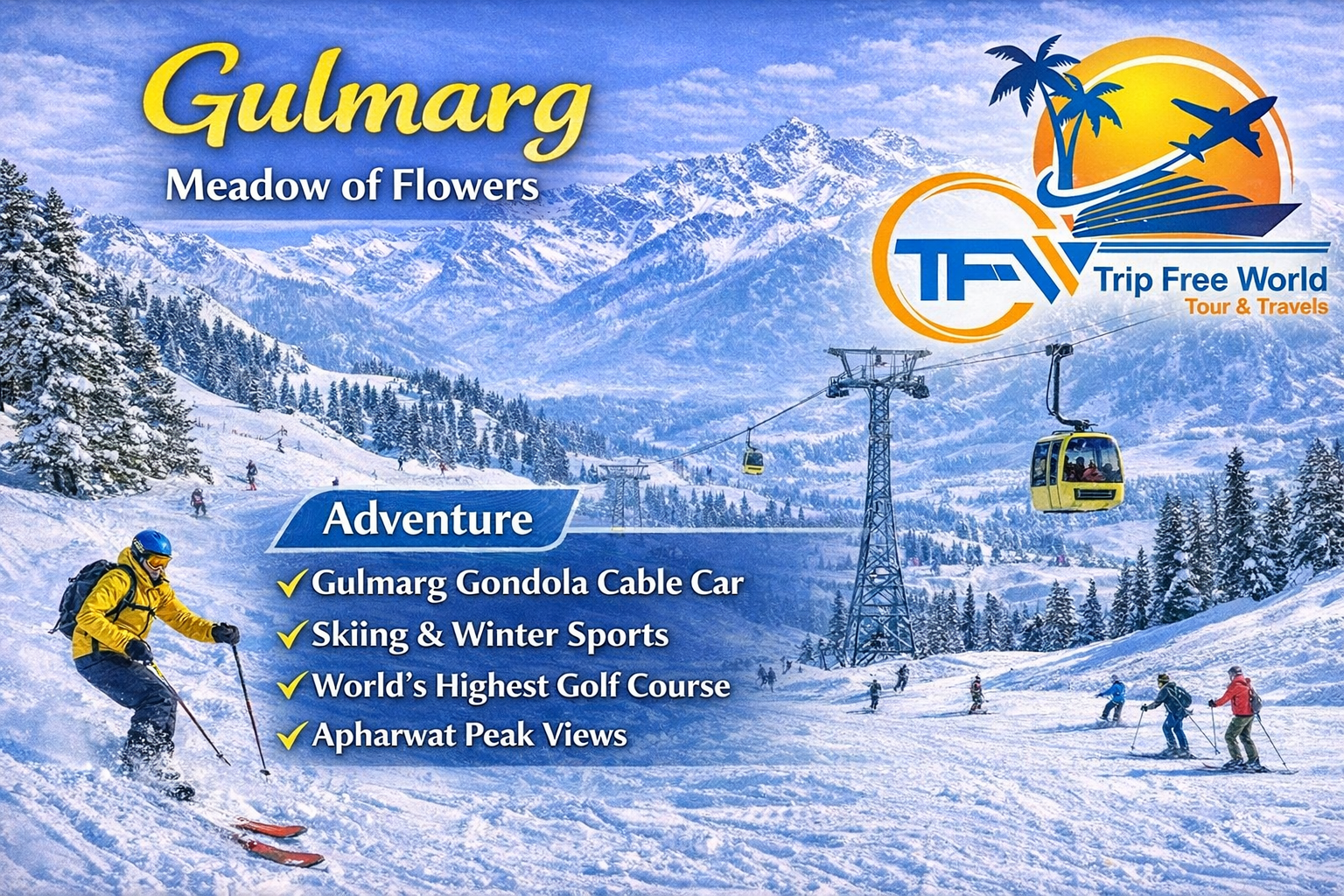 Gulmarg skiing resort with snow-covered mountains and gondola